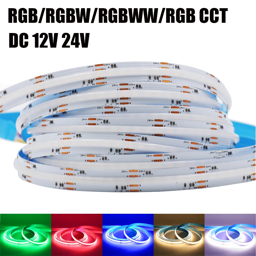 Rgb Rgbw Rgbww Rgbcct Cob Ledstrip 12V 24V 840 784Leds/M Flexibel Hoog Helder Dotless Led Tape Diode Flexibel Lint