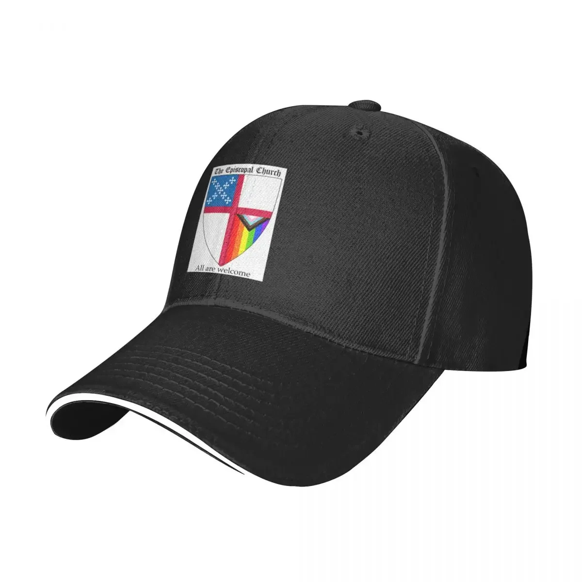 Episcopal Church Shield with Progressive Pride Flag Vertical Rainbow - All Are Welcome 2 Baseball Cap