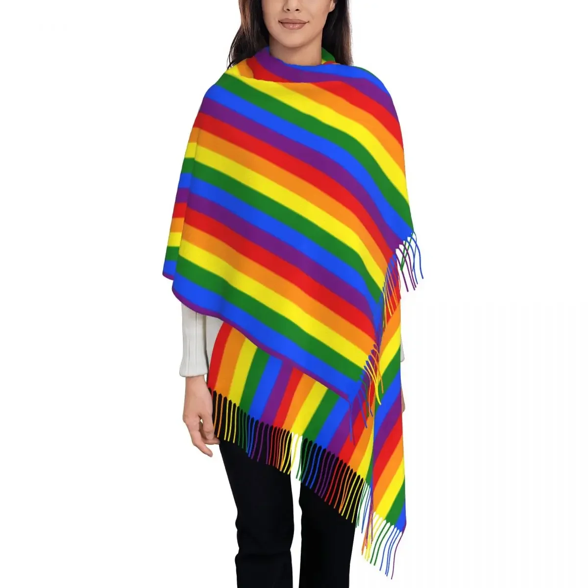 Bufanda con bandera de arcoíris para mujer, bufandas grandes con borla, Orgullo Gay, LGBT, chal moderno y Popular, Foulard de invierno