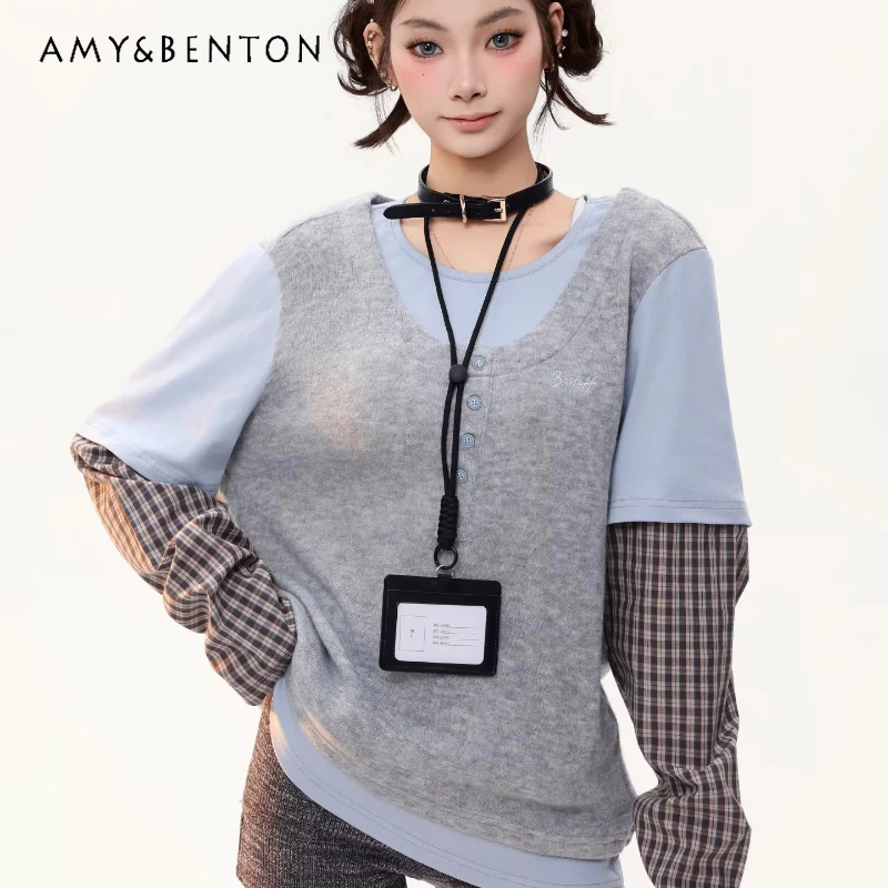 

2026 Spring New Y2k Vest Top Women's T-Shirt Japanese Design Casual Fake Two-Piece Plaid Splicing Long Sleeve T-Shirt Ladies