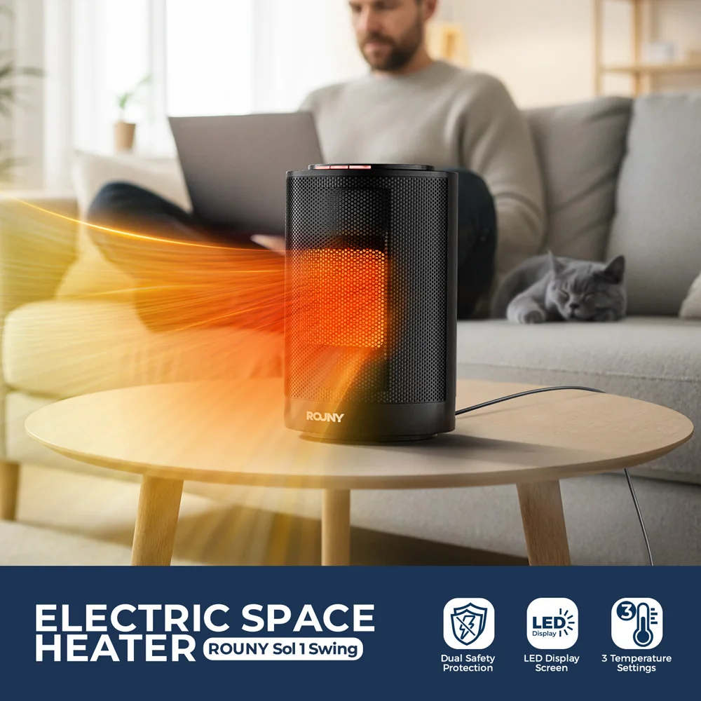 Calentador de espacio eléctrico portátil ROUNY con 80 °   Ventilador calefactor de cerámica PTC oscilante de 1200 W para dormitorio, oficina, calefacción interior
