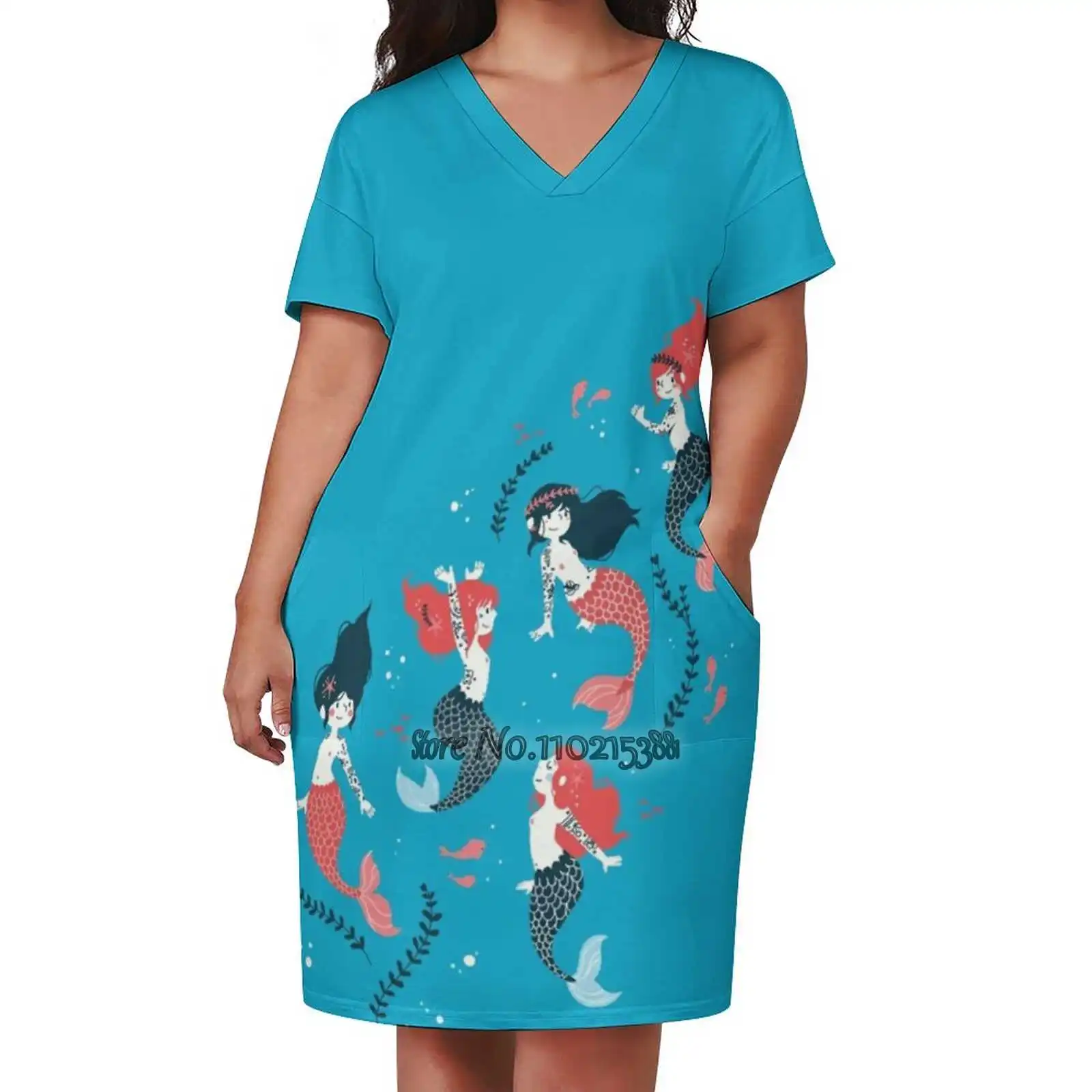 

Tattooed Mermaids V-Neck Short Sleeve Skirt Slim Skirts Loose Elegant Fashion Dress 5Xl Mermaids Littlemermaid Tattoo Tattooed