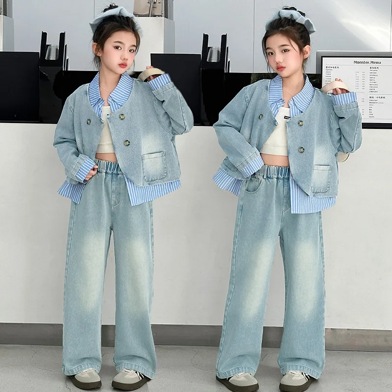 ensemble jeans fille enfant Striped patchwork denim jacket+wide leg pants 2pcs junior kids suit child girls clothes set outfits