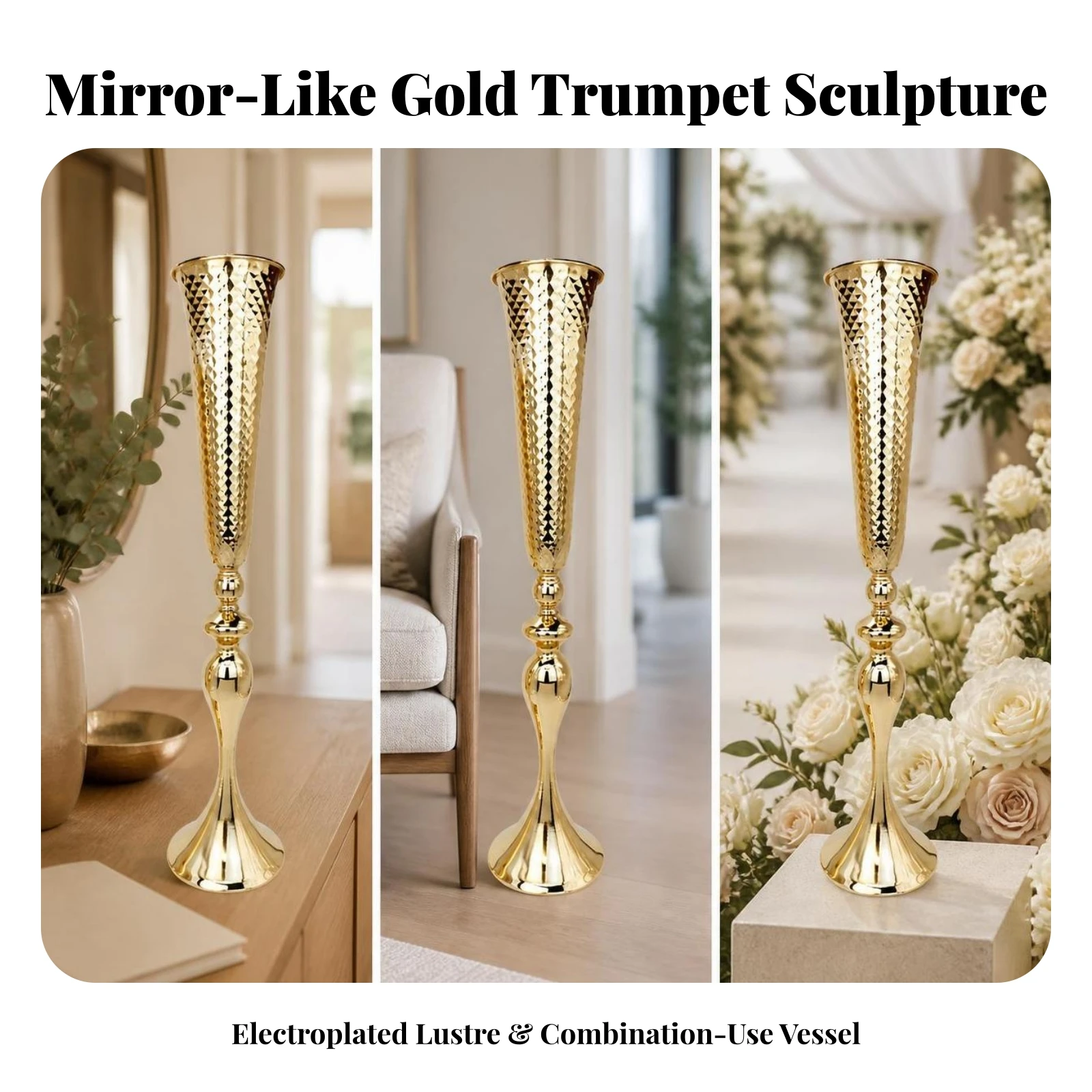 Trumpet Vase Gold Flower Holder Vessel Freestanding Candelabra Electroplated for Wedding Planners, Weddings, Receptions