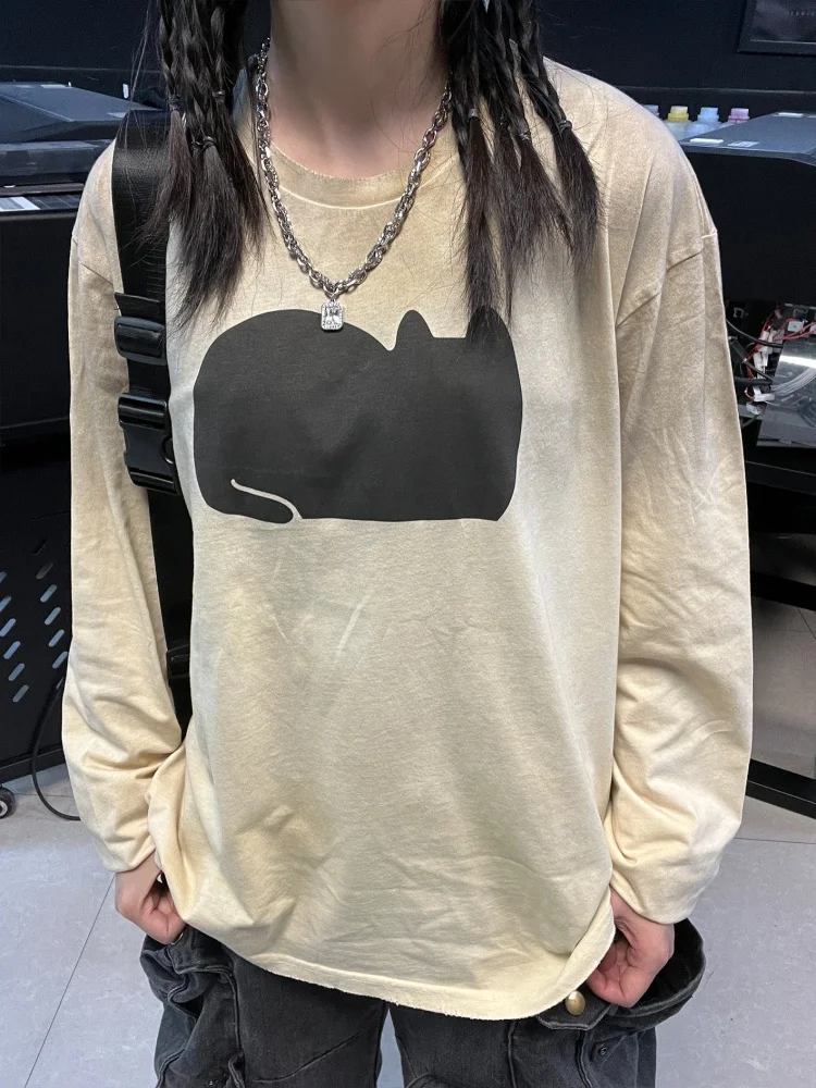 Wang Studio 180G Vintage Dirty Long T-Shirt Abstract Hip Hop Couple Style Creative Cotton Polyester round Neck Summer Top