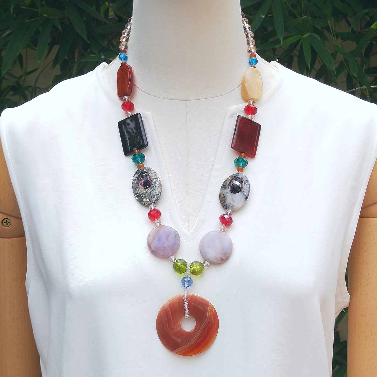 Lii Ji Real Stone Mutil Color Agate Jasper Crystal Necklace 67cm Stock Sale Women Jewelry Gift