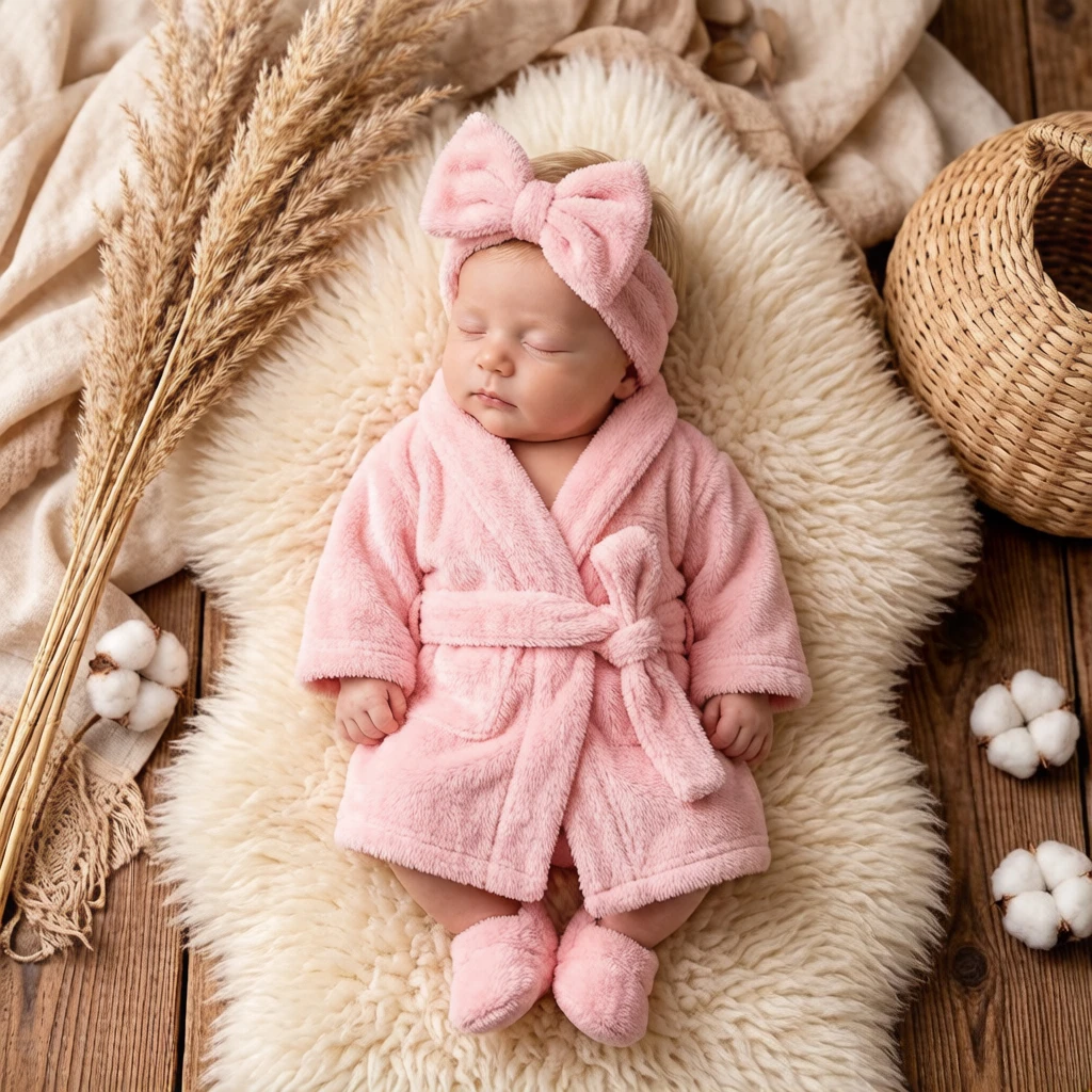 3Pcs Soft Pink Newborn Bathrobe Set, cute baby sleepwear, gentle style photo costume for infant studio shooting