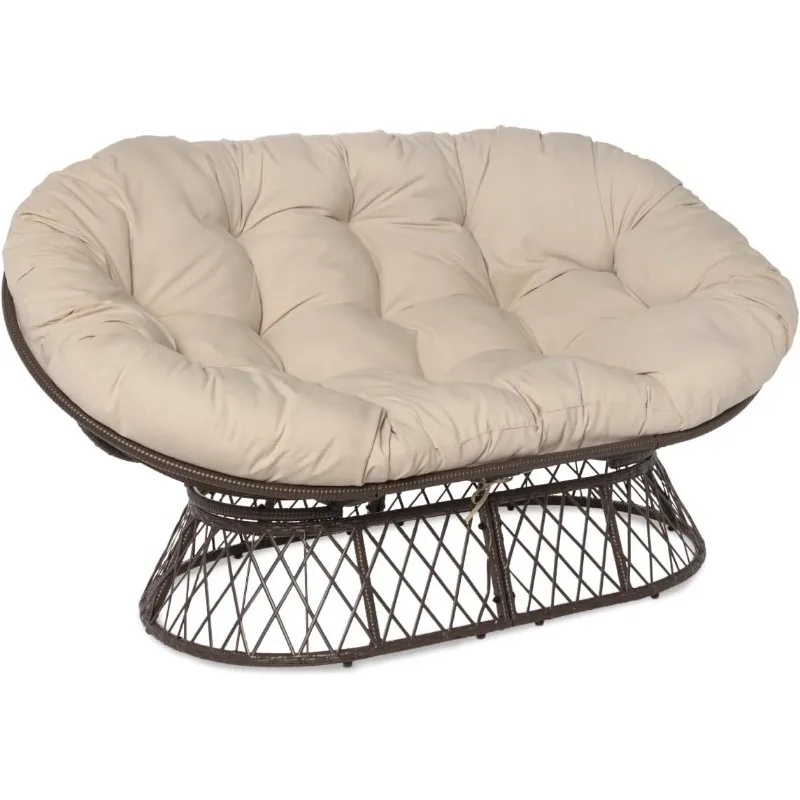 Papasan Chair Loveseat with Beige Cushion and Brown Frame for Indoor and Outdoor Use