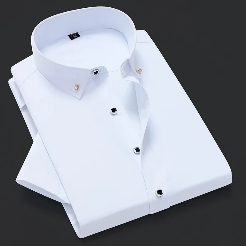 Men Short Sleeve Dress Shirt Summer Non-iron Solid Color Basic Business Formal Stretch Soft Wrinkle-resistant Office Tops NS5843