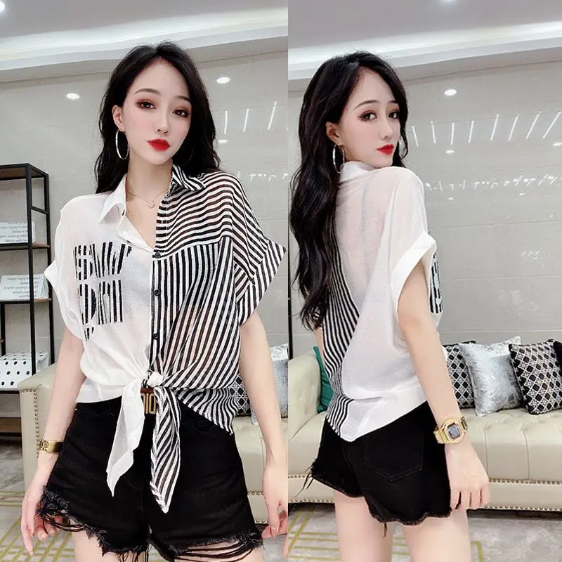 Summer Woman Clothes Striped Short Sleeve Shirt Loose Casual Elegant Fashion European Style Chiffon Tops Thin Color Collision