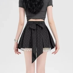 Summer Y2k Gray Pleated Mini Skirt Women Sexy Bow A-line Wrap Slim Preppy Style Skirt Fashion Chic Lace Streetwear Clothing New