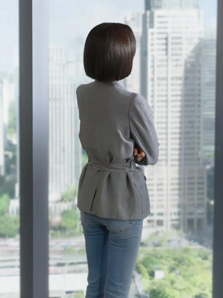 เสื้อคลุมกิโมโนลำลองแบบยาวสำหรับผู้หญิง พร้อมเข็มขัด สไตล์เกาหลี สำหรับฤดูใบไม้ผลิและฤดูใบไม้ร่วง แฟชั่นผู้หญิง ผ้าโพลีเอสเตอร์