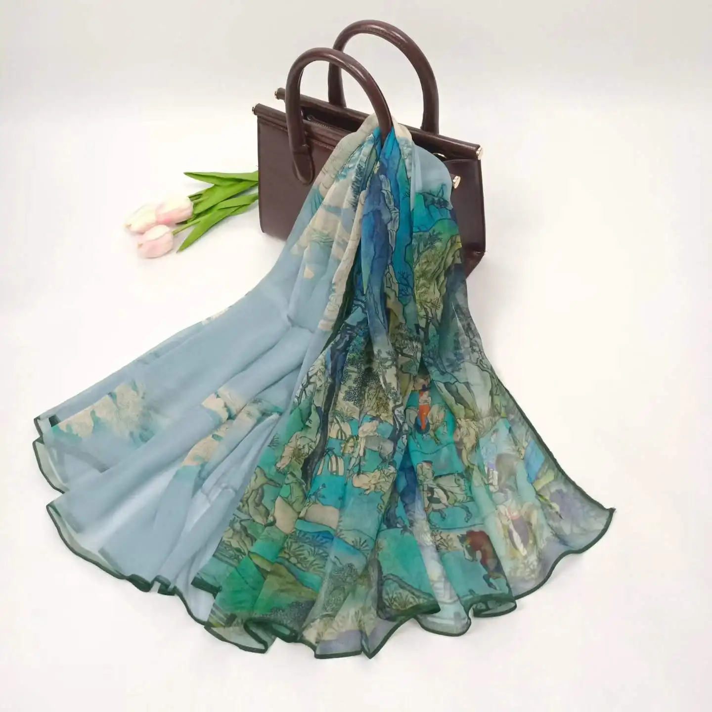 110cm square Chiffon Women Beach Scarf Floral Silk Shawls Design Print Headband Female Summer Headband Wraps Sunscreen Hijab