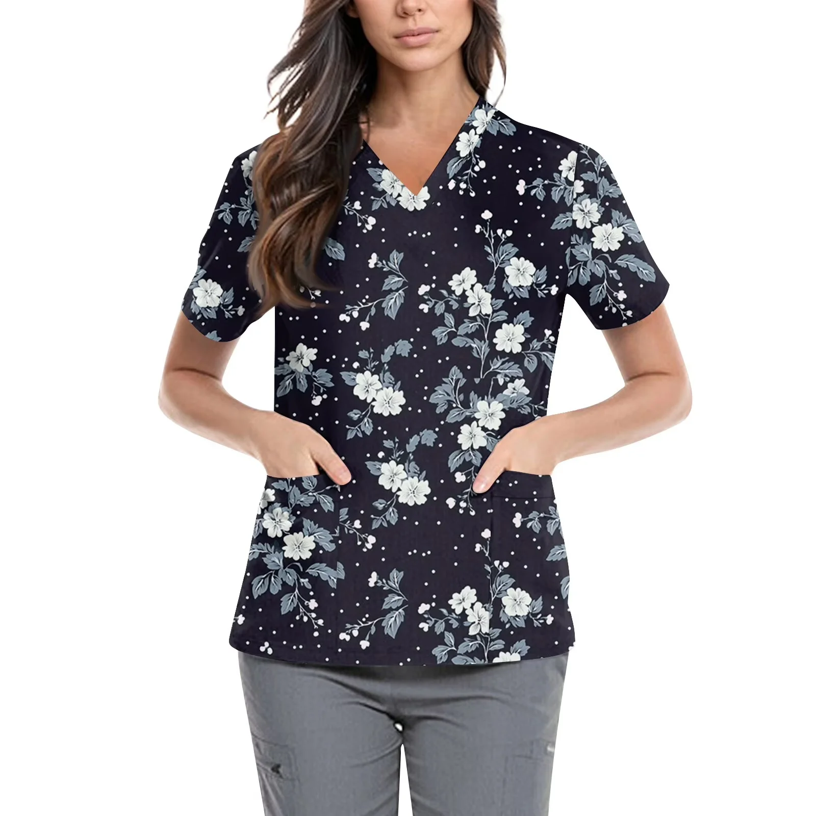 Fashion Flower Print Nurse Top Shirt Short Sleeved Nursing Medical Uniforms Shirts Unisex Hotel Doctor Operating Scrub T-shirt