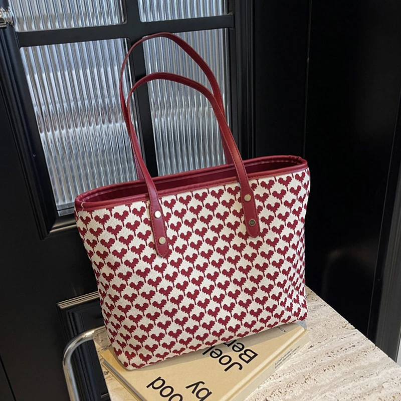 

Red Heart Print Tote Bag 2026 Rectangle Large Capacity Canvas Shoulder Bag for Women Casual Daily & Wedding Commuter Handbag