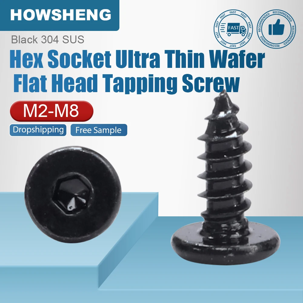 HOWSHENG Allen Ultra-Thin Flat Wafer Head Self Tapping Screw Black Stainless Steel Hex Socket Wood Screws M2 M2.6 M3 M4 M5 M6 M8