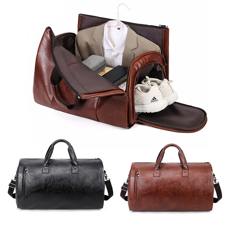 

Foldable Suit Travel Tote Handbag Business PU Leather Bag Vintage Luggage Shoe Pocket Duffle Men's Fashion Shoulder Bag Male
