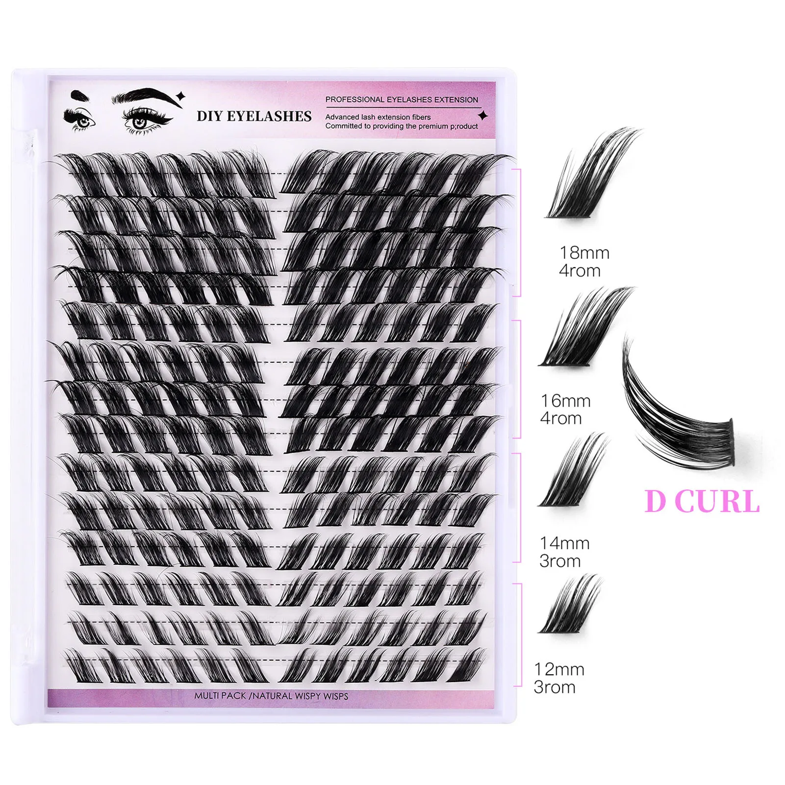 DIY falsche Wimpern 12–18 mm, lang, 168 Stück, Cluster-Wimpern, D-Locken, geflügeltes Katzenfuchsenauge, individuelle Wimpernverlängerungen, Make-up-Zubehör