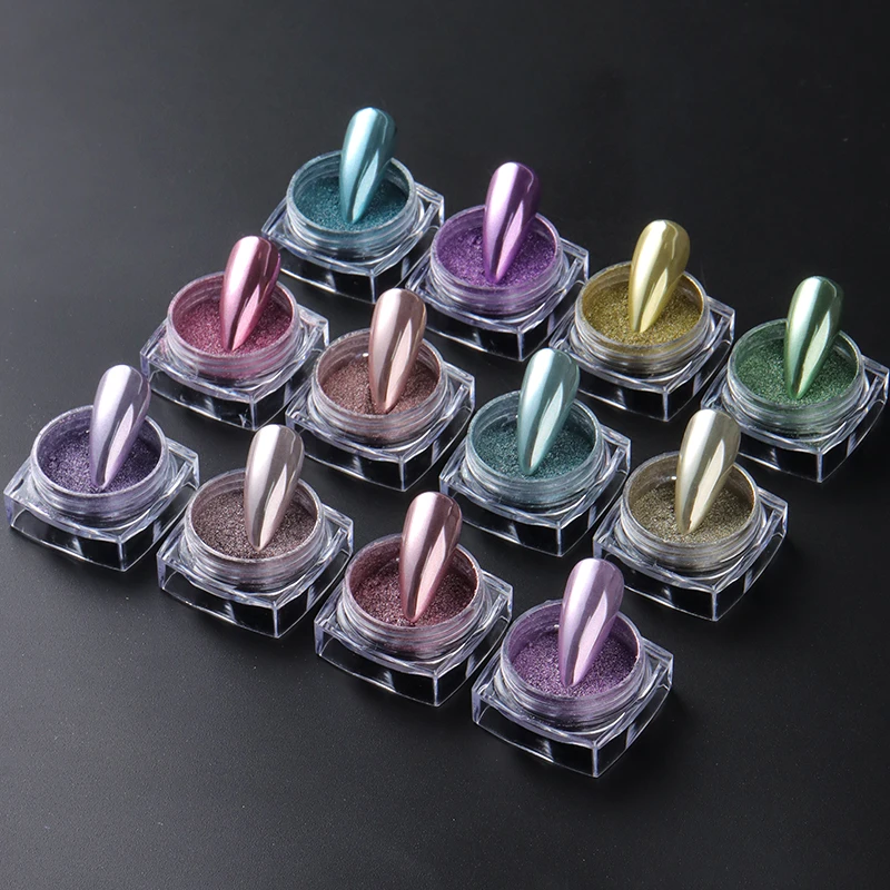 12 กล่อง Y2K กระจกโลหะเล็บผงสีม่วงสีฟ้า Chrome Glitter Pigment Flakes ถูฝุ่น Glossy Nail Art Decor