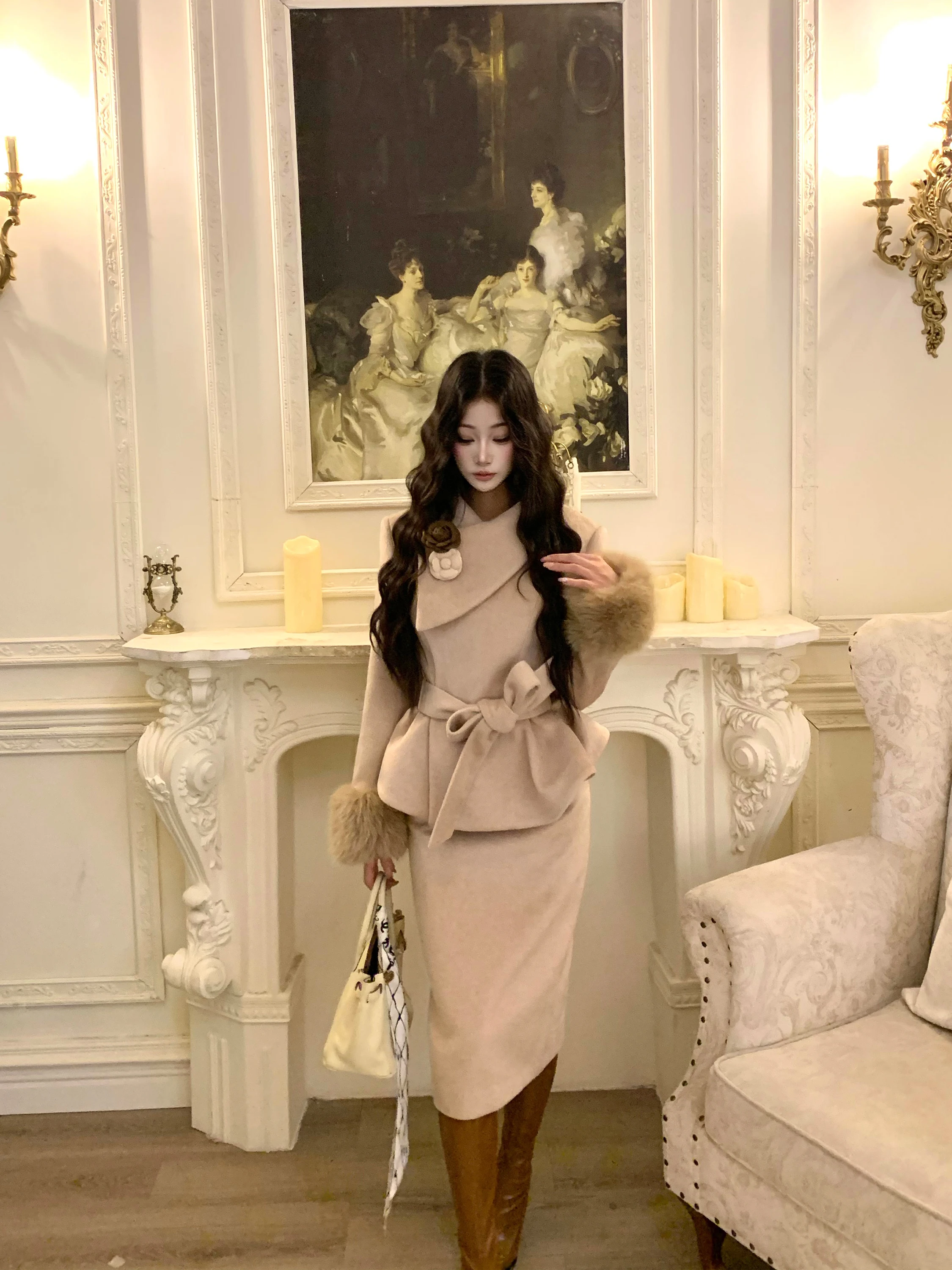 

Зимний шерстяной комплект Barb Chill: утепленное шерстяное пальто средней длины с хлопковой подкладкой и модная юбка — женский модный ансамбль