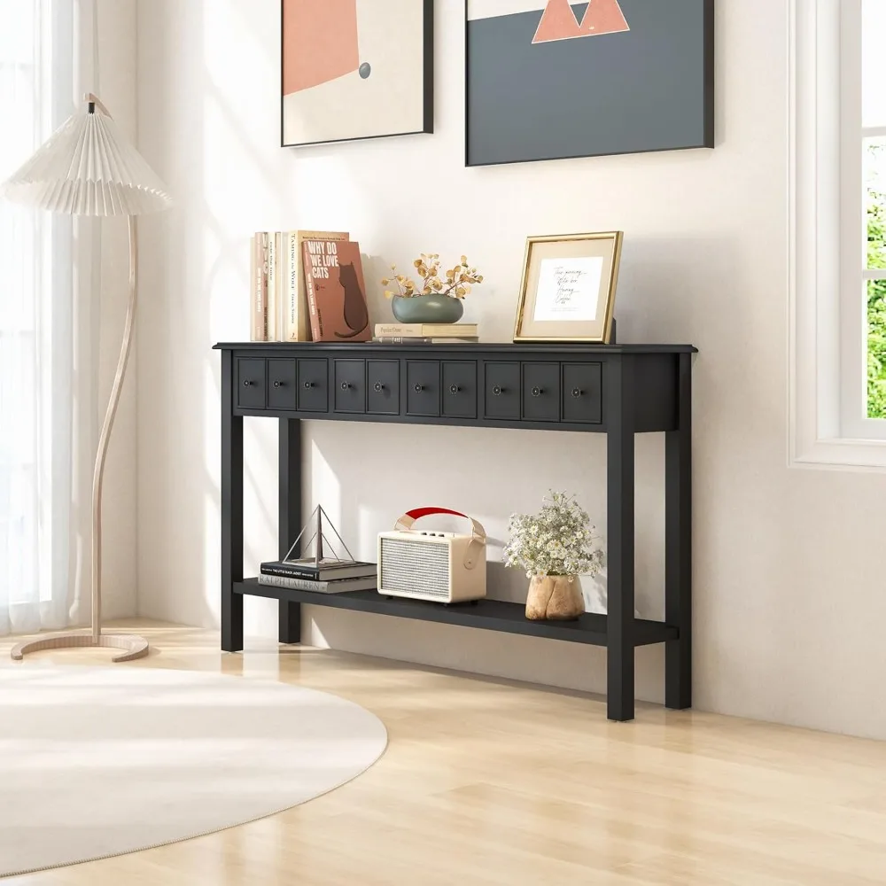 طاولة كونسول ضيقة مع مساحة تخزين - 60 طاولة جانبية للأريكة الطويلة مع 4 أدراج ورف مفتوح وأرجل خشبية صلبة، مستطيلة