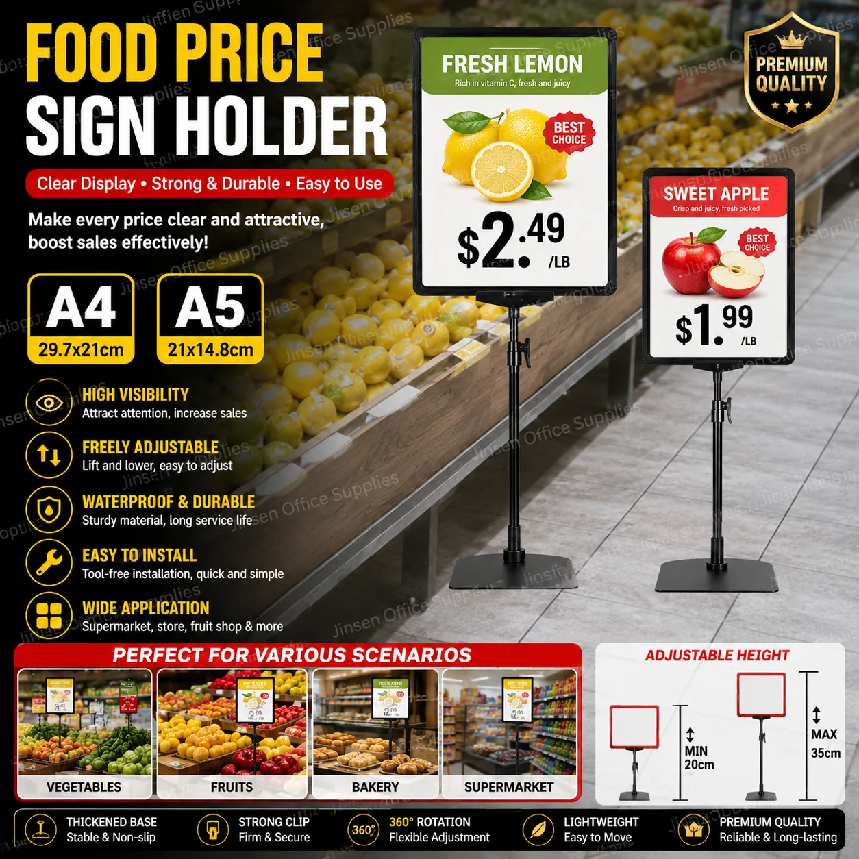 Etiqueta publicitária Rack para supermercado, sinal de comida, preço, sinais de comida, vegetais, frutas, braçadeira de preço, Display Stand, A4, A5