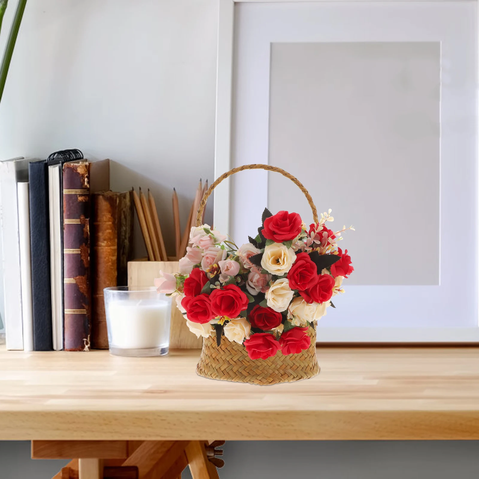 

Woven Flower Straw Retro Round H Storage Basket Garden Fence Border Fruit Girl Home Decor Style Wedding Straw
