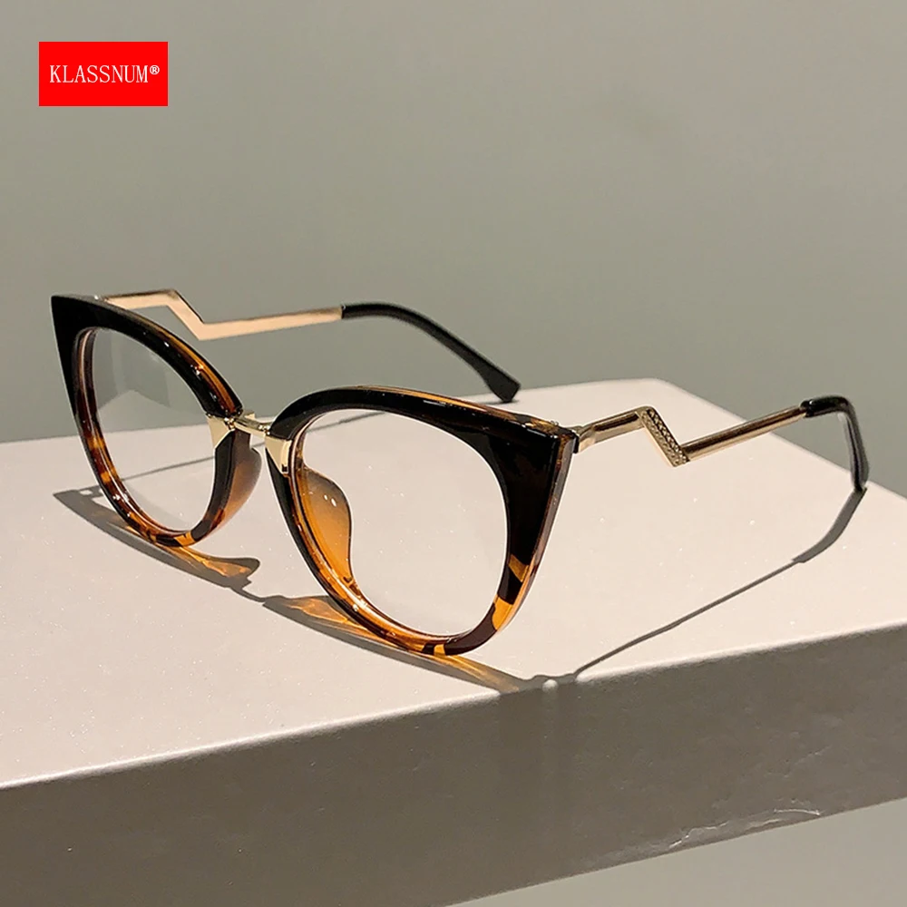 KLASSNUM Computer Glasses For Women Cat Eye Eyeglass Brand Design Blue Light Blocking Glasses Frame With Curve Temple 2024 New