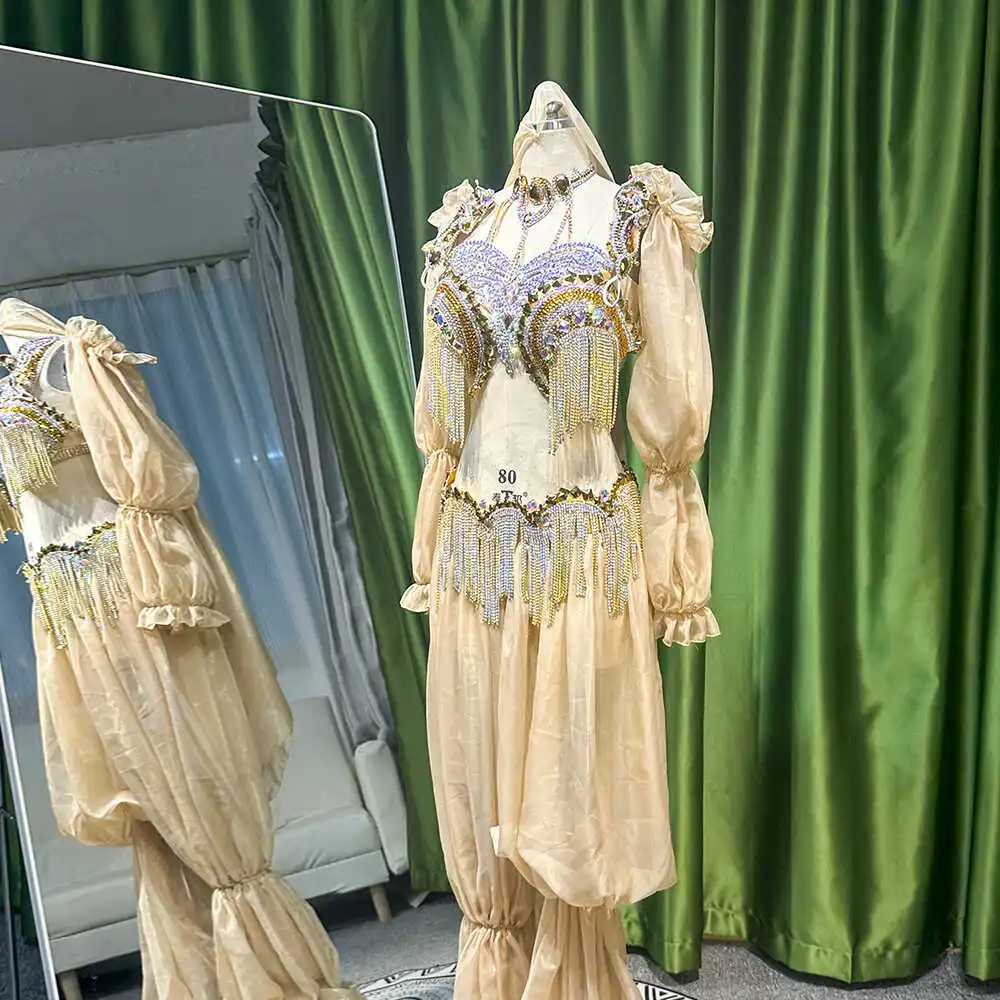 BellyDance Suit Embroidery Diamond Bra Split Fishtail Skirt Performance Set Custom Adult Child Competition Clothing Accessories