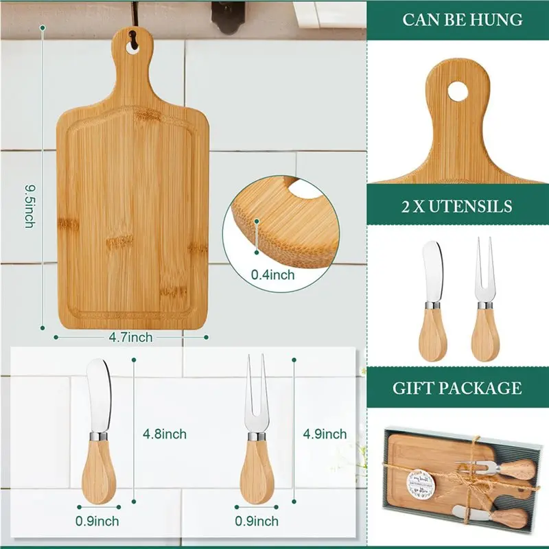 ABMS-2X Bamboo Cheese Board Set With Knives, Forks & Thank You Tags - Ideal For Bridal & Baby Showers, Housewarming Gifts