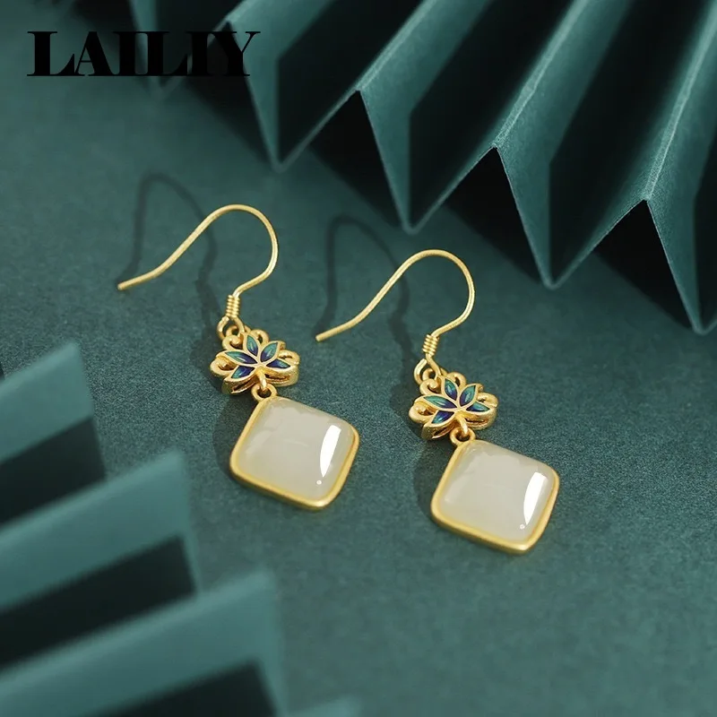 LAILIY 925 Sterling Silver 18K Gold Birthday Gift Party Lotus Enamel Jade Earrings Ear pendant For Women Fashion Jewelry