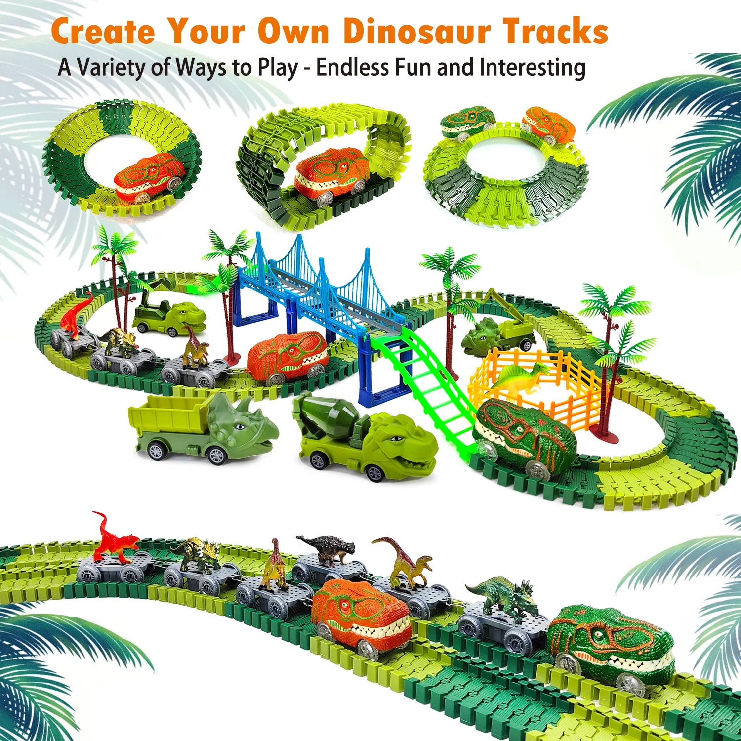 Dinosaur Magic Climbing Track Toys Train-Flexible Track Playset Dinosaurs Engineering Toys Race Car for Old boy Girls