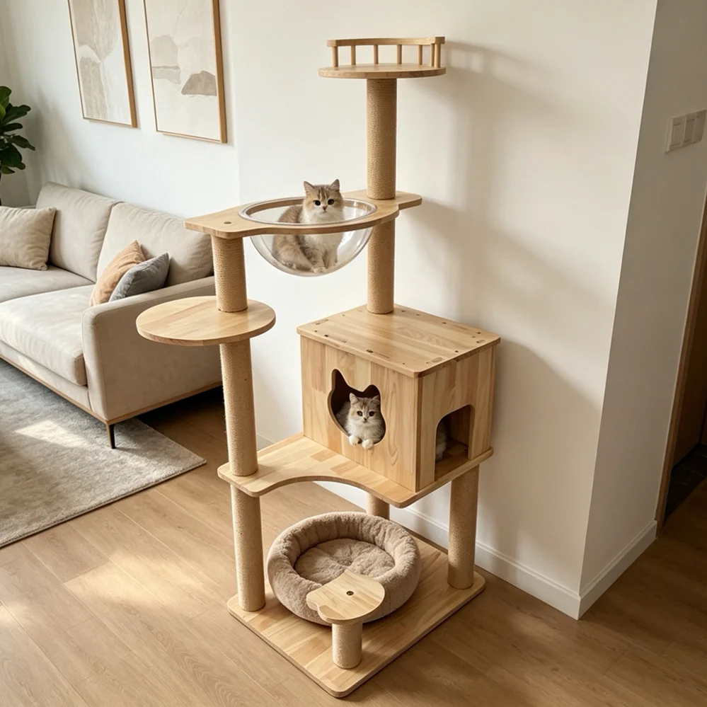 Solid Wood Non-Inflatable Cat Tree Climbing Scratching Lounging Features Compact Space-Saving Design Home Use All-in-One