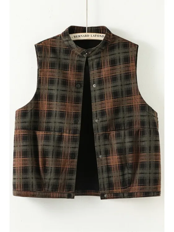 Warm Plaid Stand Collar Denim Vest Women's Short Style Layering Shoulder Pad Thermal Vest Top for Autumn 2026 Fashion Trend