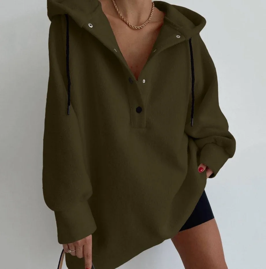 Woman Hooded Shirt 2023 Autumn Fashion Polar Fleece Loose Daily Casual Button Long Sleeve Drawstring Hooded Pullovers Sweatshirt