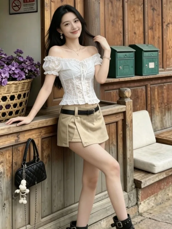Retro Heavy Embroidery Lace Women's Top Bottoms Slimming Set High Waist Cotton Chic Summer Fashion Ensemble