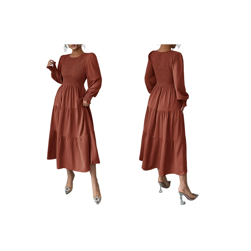 ABP-Fall Wedding Guest Dresses For Women Puff Long Sleeve Smocked Casual Crew Neck Tiered A Line Flowy Long Dress
