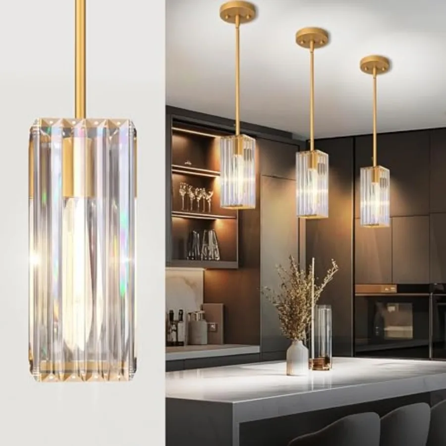 

Crystal Pendant Lights for Kitchen Island - 10" Gold Adjustable Chandelier Dimmable E26 Hanging Fixture Modern Lighting for Din