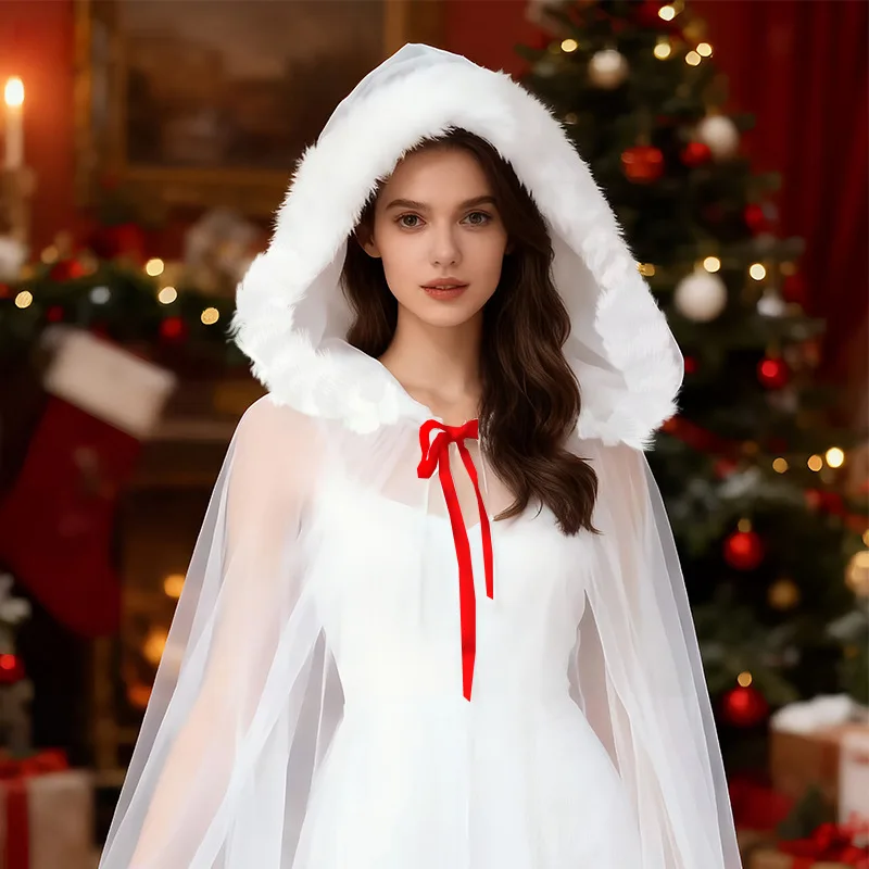 

Women's Tulle Cape with Faux Fur Hood-Christmas Party Wedding Cloak Festive Holiday Spirit Snowflake Santa Cosplay Outerwear