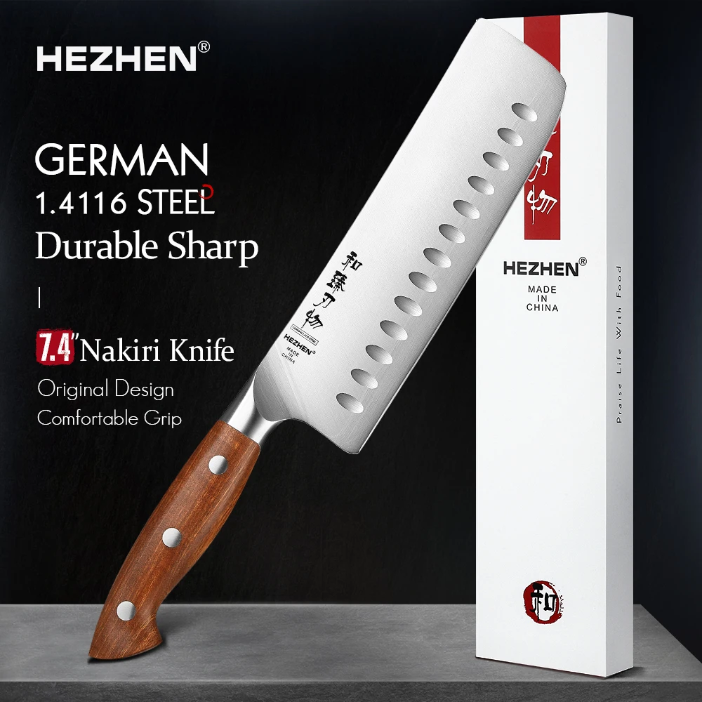 HEZHEN 7.4 Inches Nakiri Knife 1.4116 steel Red Wood Handle Cook Tools Core Blade Kitchen Knife Accessories Box Packing