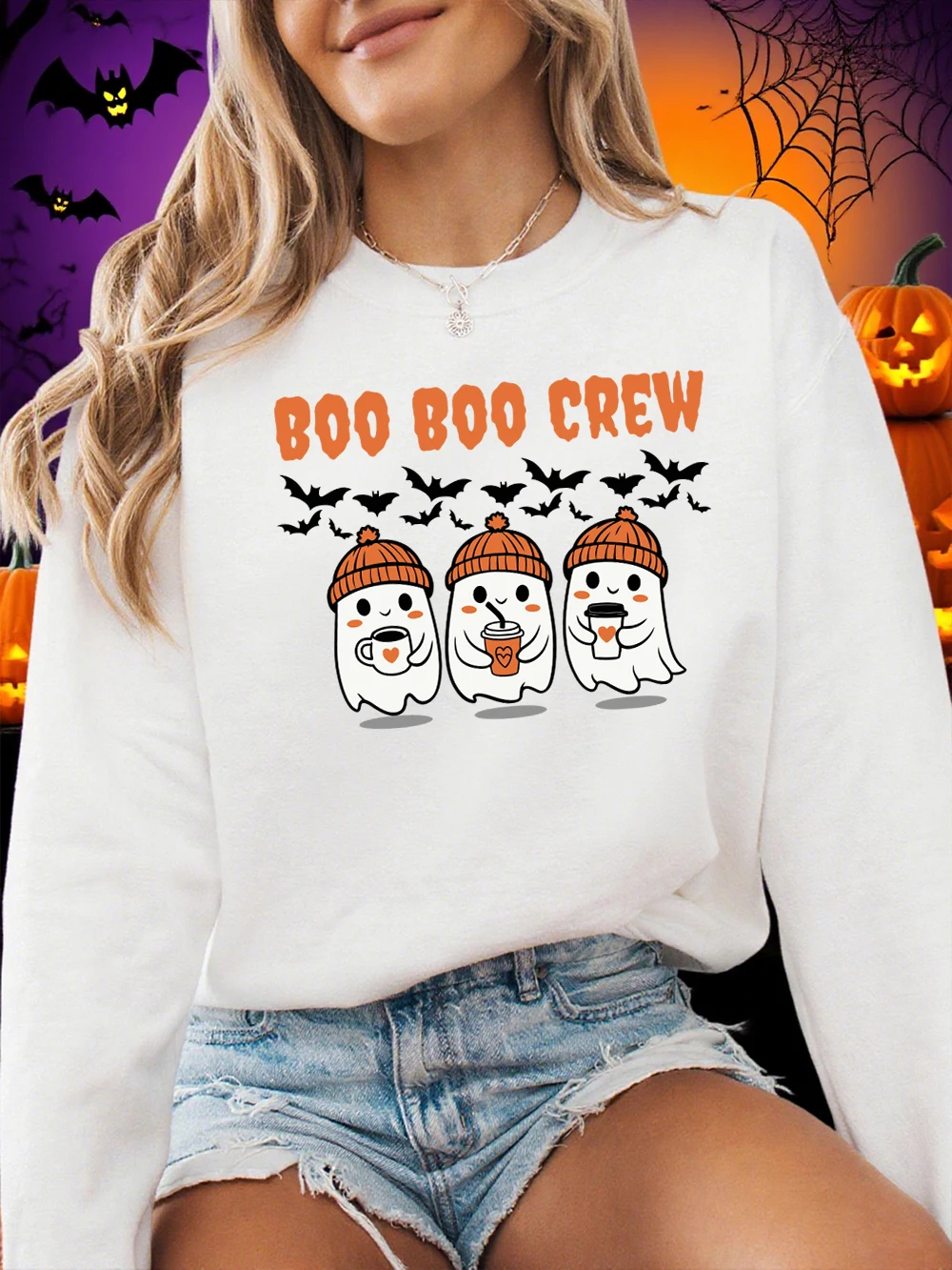 Boo Boo Crew Ghost Prints Halloween Sweatshirt Damen Winter Fleece Warme Hoodies Rundhalsausschnitt Lose Pullover Lässige weiche Kleidung