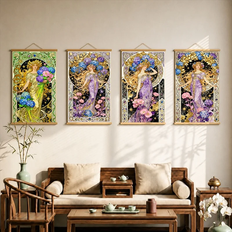 Wall Decorations Blue Hydrangea Floral Garden, Art Nouveau Pearlescent Canvas Hanging Scroll Decor for Boutique Guesthouse