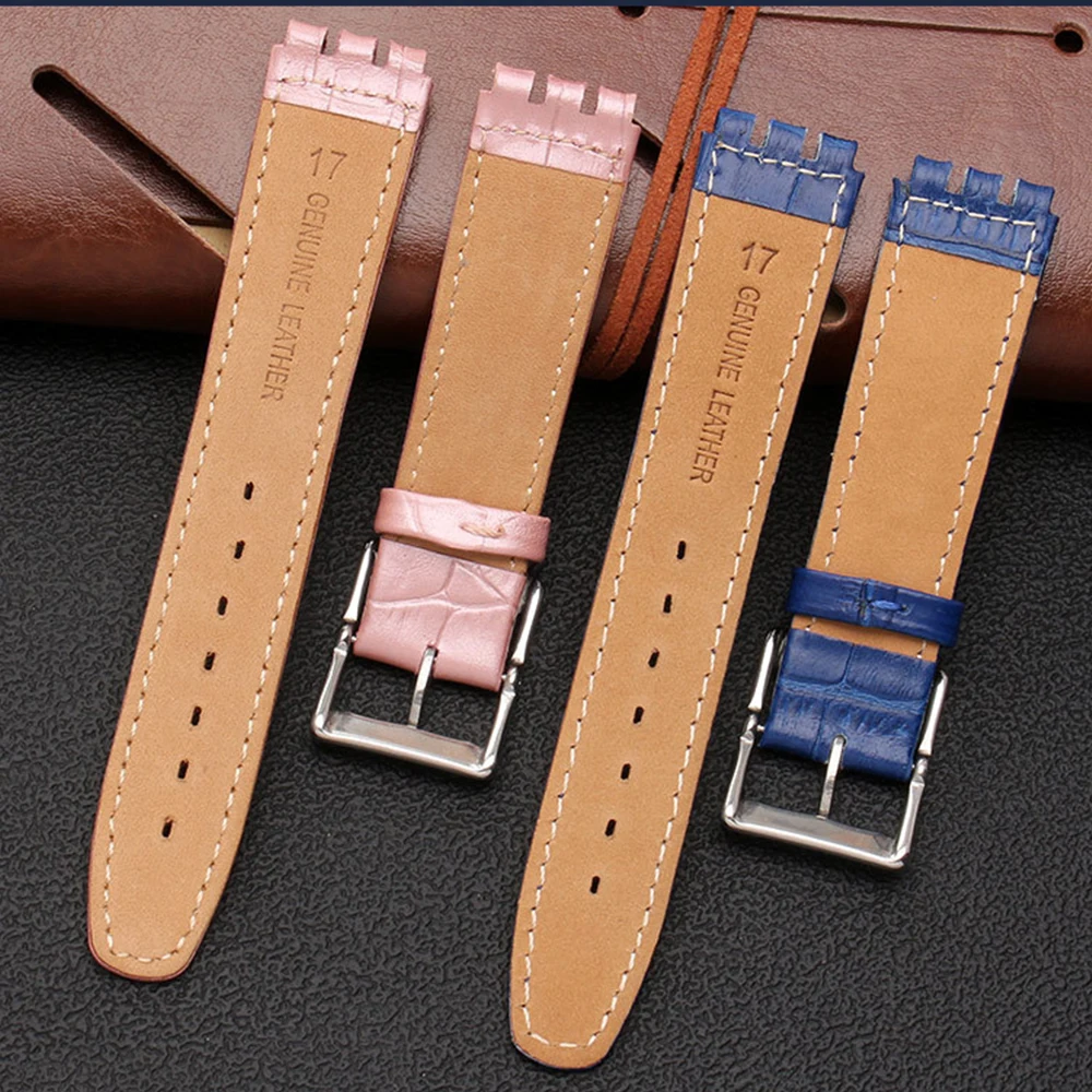 17mm 19mm Genuine Calf Leather Wrist Strap For Swatch Watch Band Men Women Alligator Pattern Bracelet Watchband Accessories