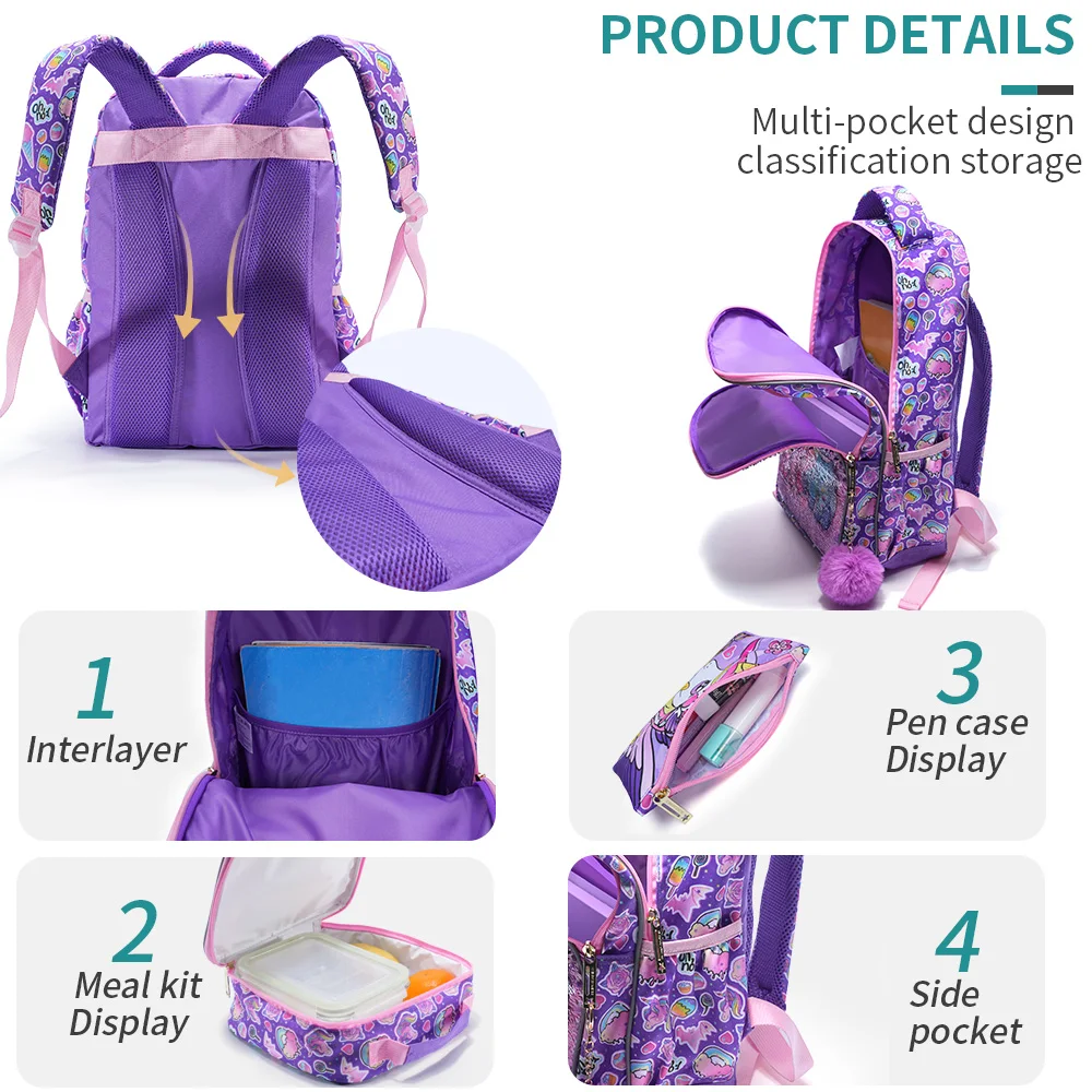 3PCS set Backpack For Girls Kids School BookBag With Lunch And Pen Bag Purple Unicorn Cute sequin Glow-in-the-dark Function