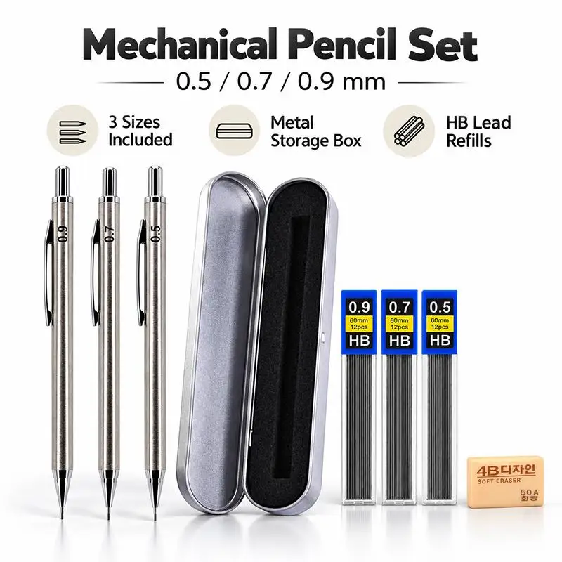 0.5/0.7/0.9mm Metal Mechanical Pencil Set,Break-resistant HB Lead Refills.Great for Students&office Use,ideal Fine Writing Tool.