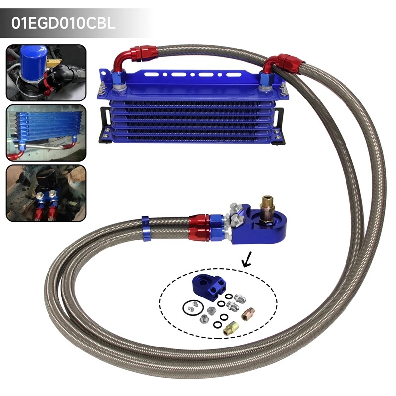 

Universal 7 Row 262mm AN10 7/8"-14 UNF Engine Oil Cooler w/ Bracket + Aluminum Filter Adapter Kit Blue/Black For audi a4 b6