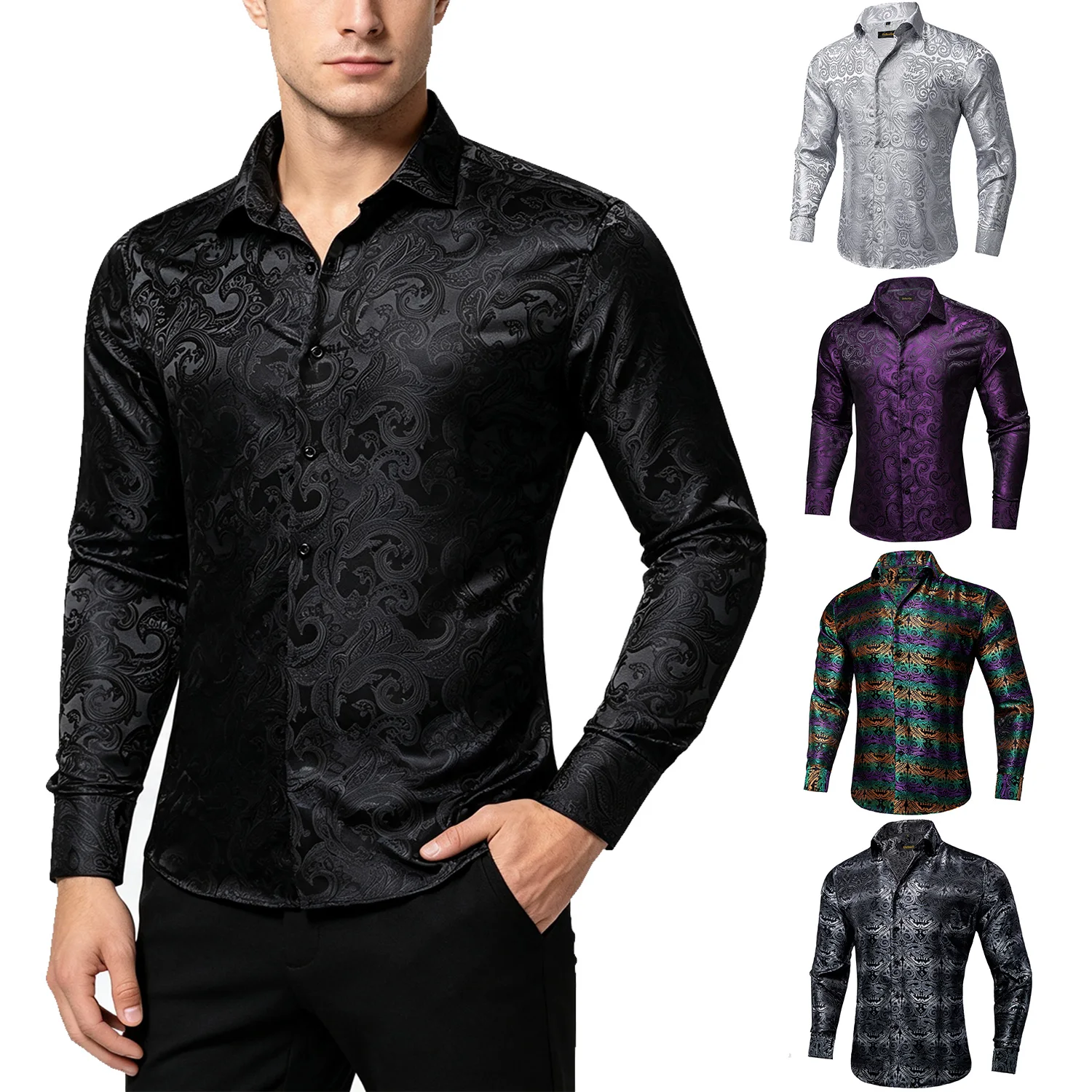 Men Slim Fit Paisley Pattern Long Sleeve Dress Shirt, Floral Print Button Down Top for Wedding Party Business Wear