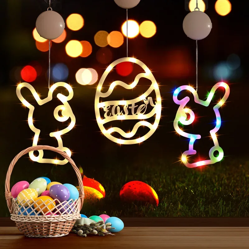 15Pcs/Lots Luminous Rabbit LED Lights Suction Cup Pendant Easter Indoor Window Festive Atmosphere Decoration Scene Layout