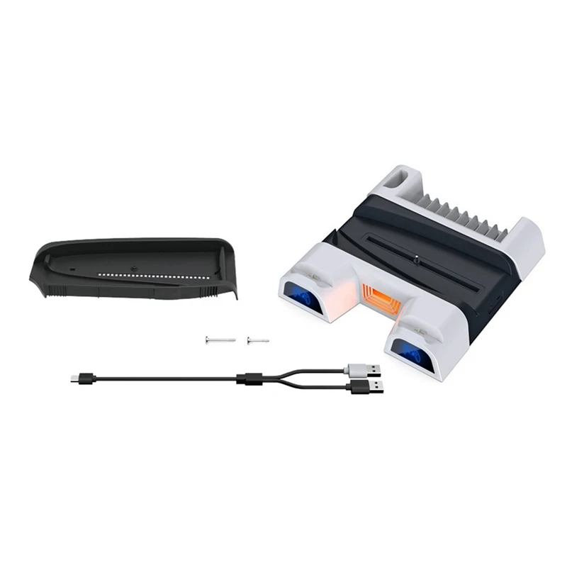 

Для PS5 Slim/PS5 Pro Вертикальная охлаждающая подставка с ручкой, двойная зарядная станция с подсветкой и стойкой для хранения игровых дисков