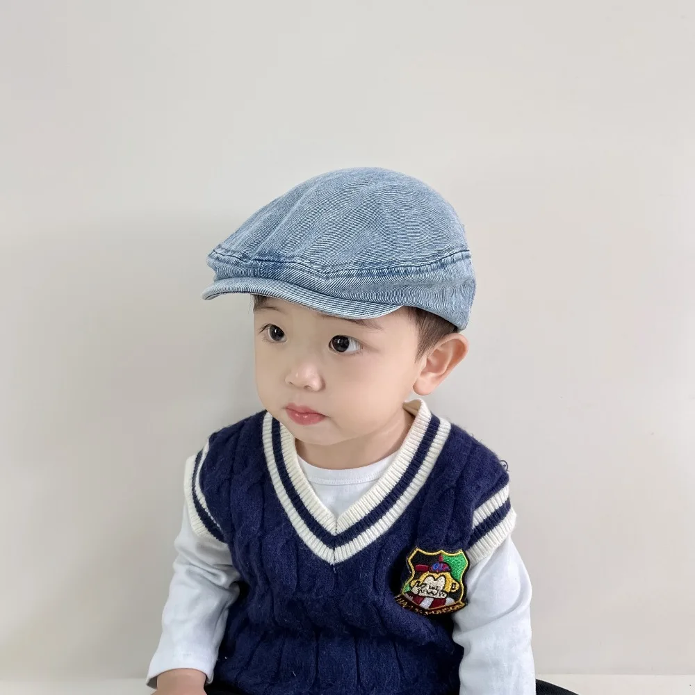 Retro Solid Color Kids Denim Beret Letter All-match Drawstring Peaked Cap Harajuku Embroidered Newsboy Cap Spring